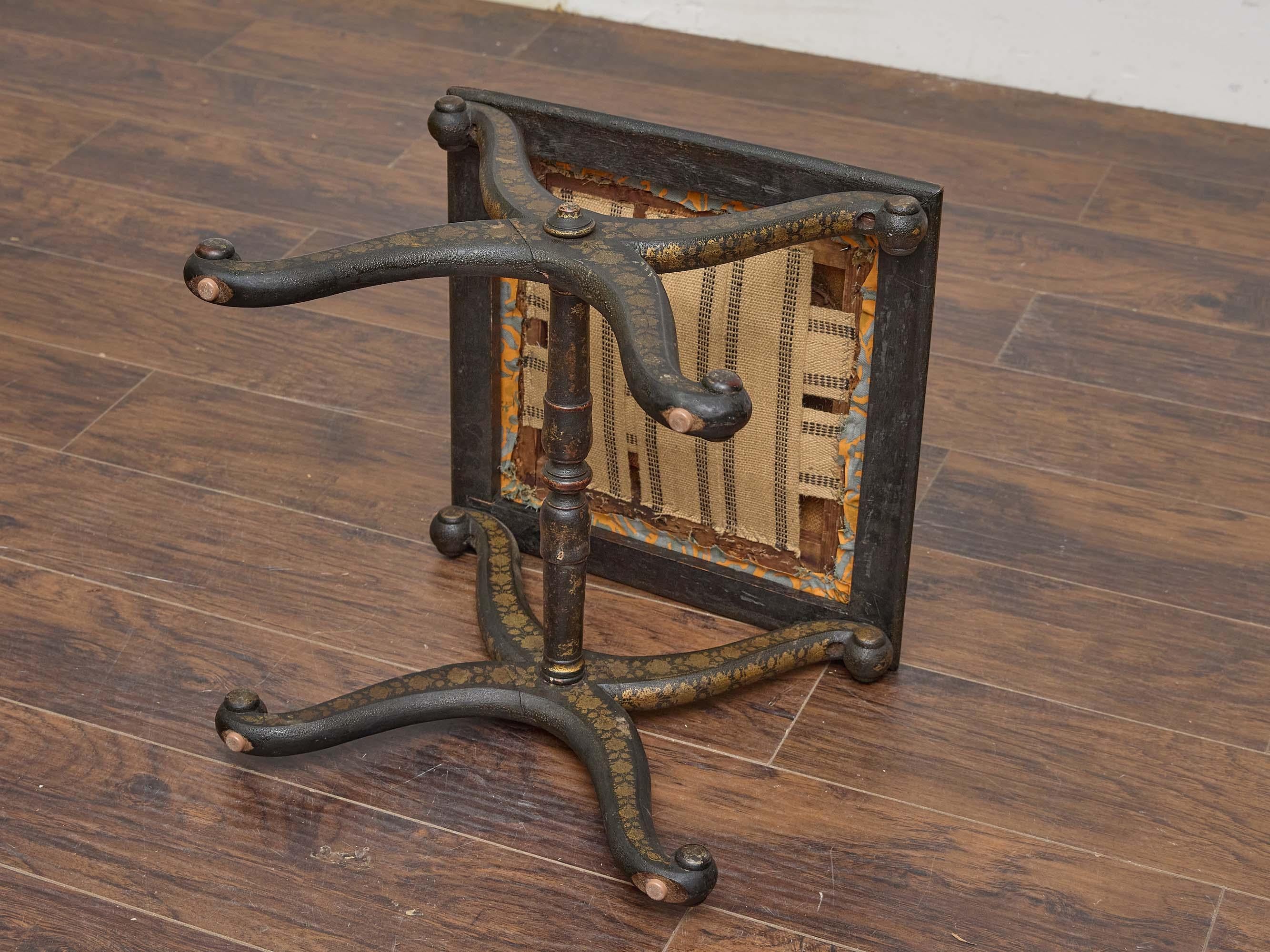 English Ebonized Stool with Fortuny Upholstery and Painted Chinoiserie Motif For Sale 4