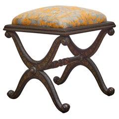Taburete Inglés Ebonizado con Tapicería Fortuny y Motivo Chinoiserie Pintado