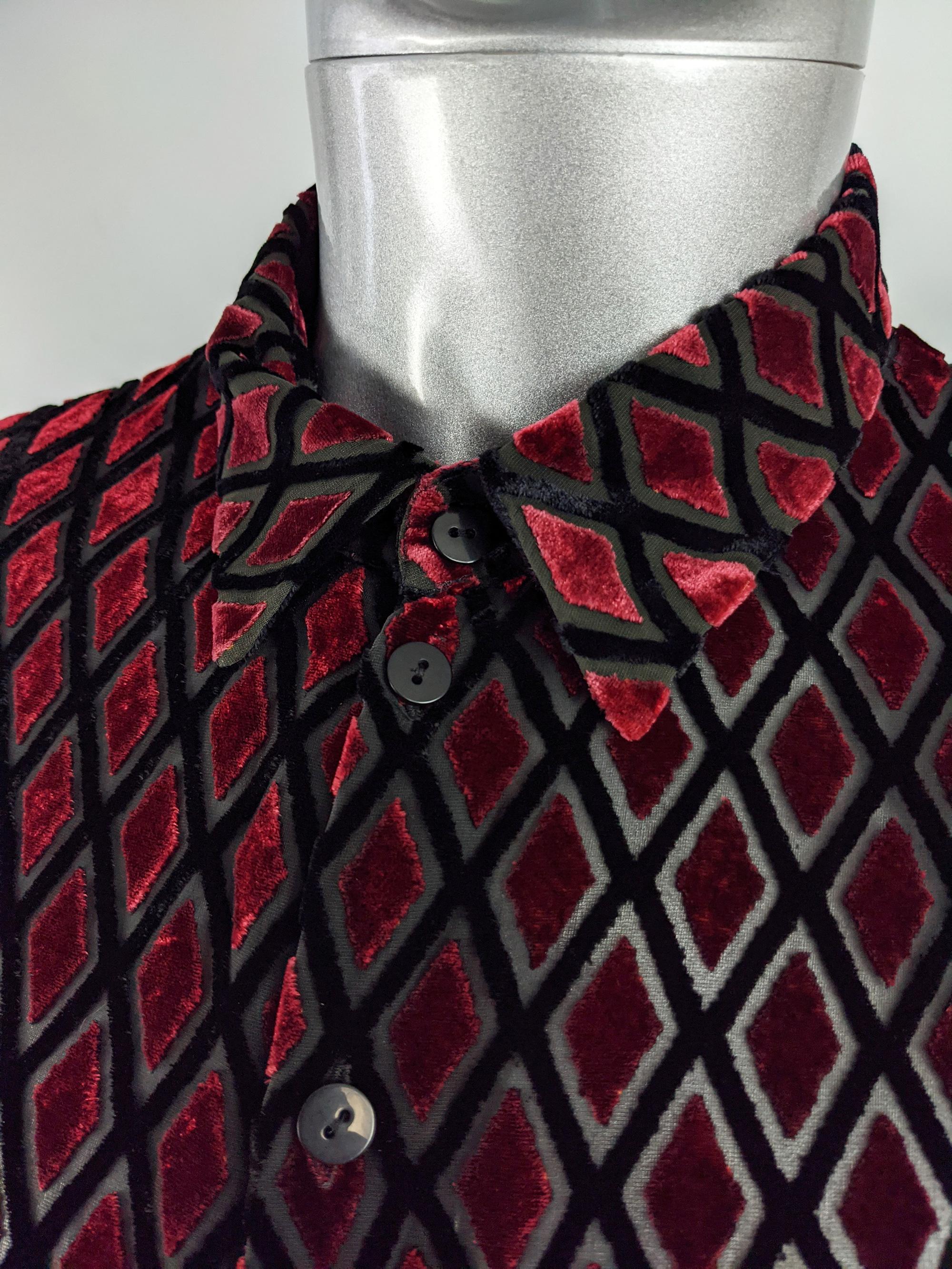 English Eccentrics Herren Vintage Rot Devoré Burnout Seide Samt Hemd, 1990er (Schwarz) im Angebot