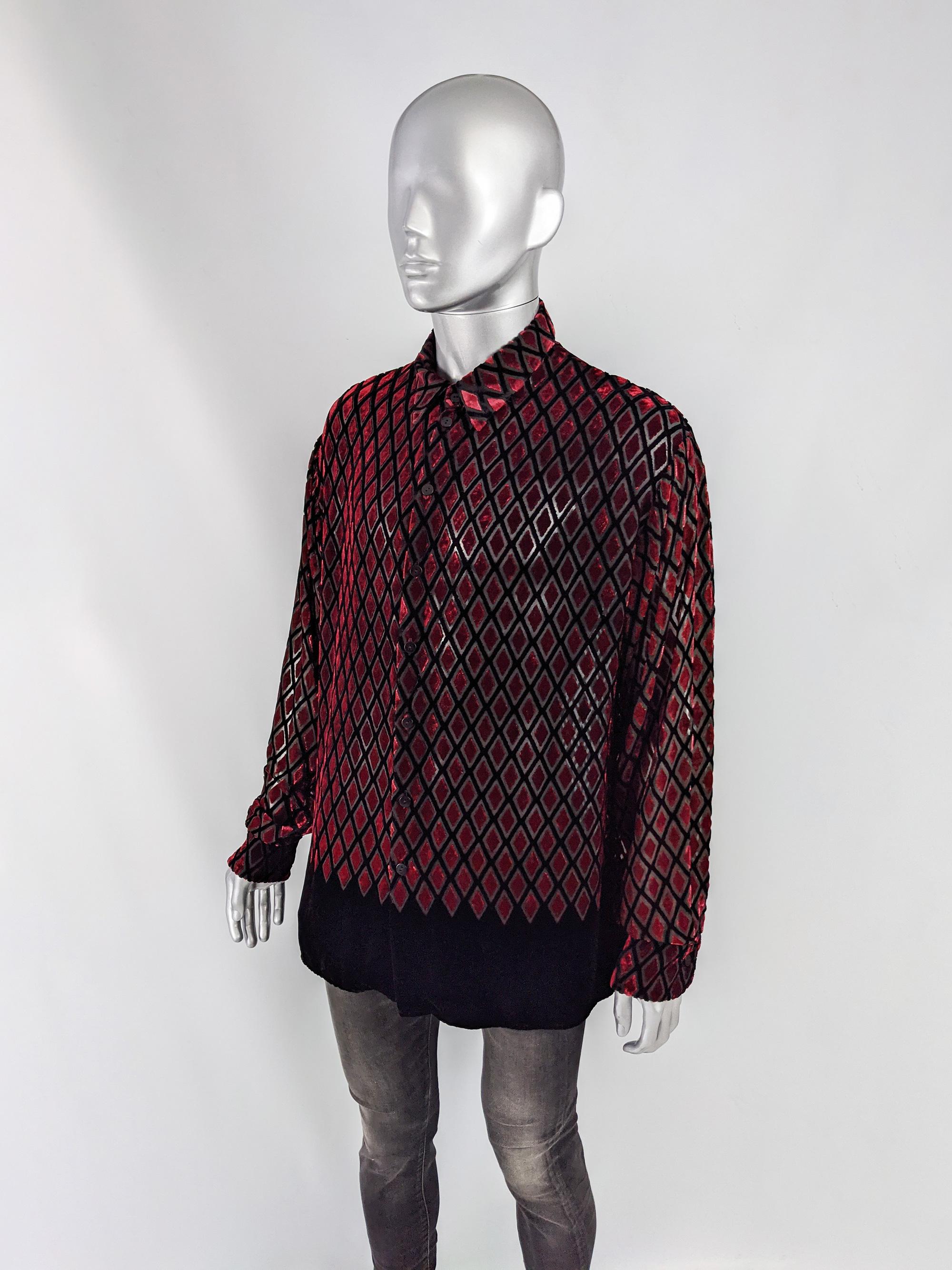 English Eccentrics Herren Vintage Rot Devoré Burnout Seide Samt Hemd, 1990er im Zustand „Hervorragend“ im Angebot in Doncaster, South Yorkshire