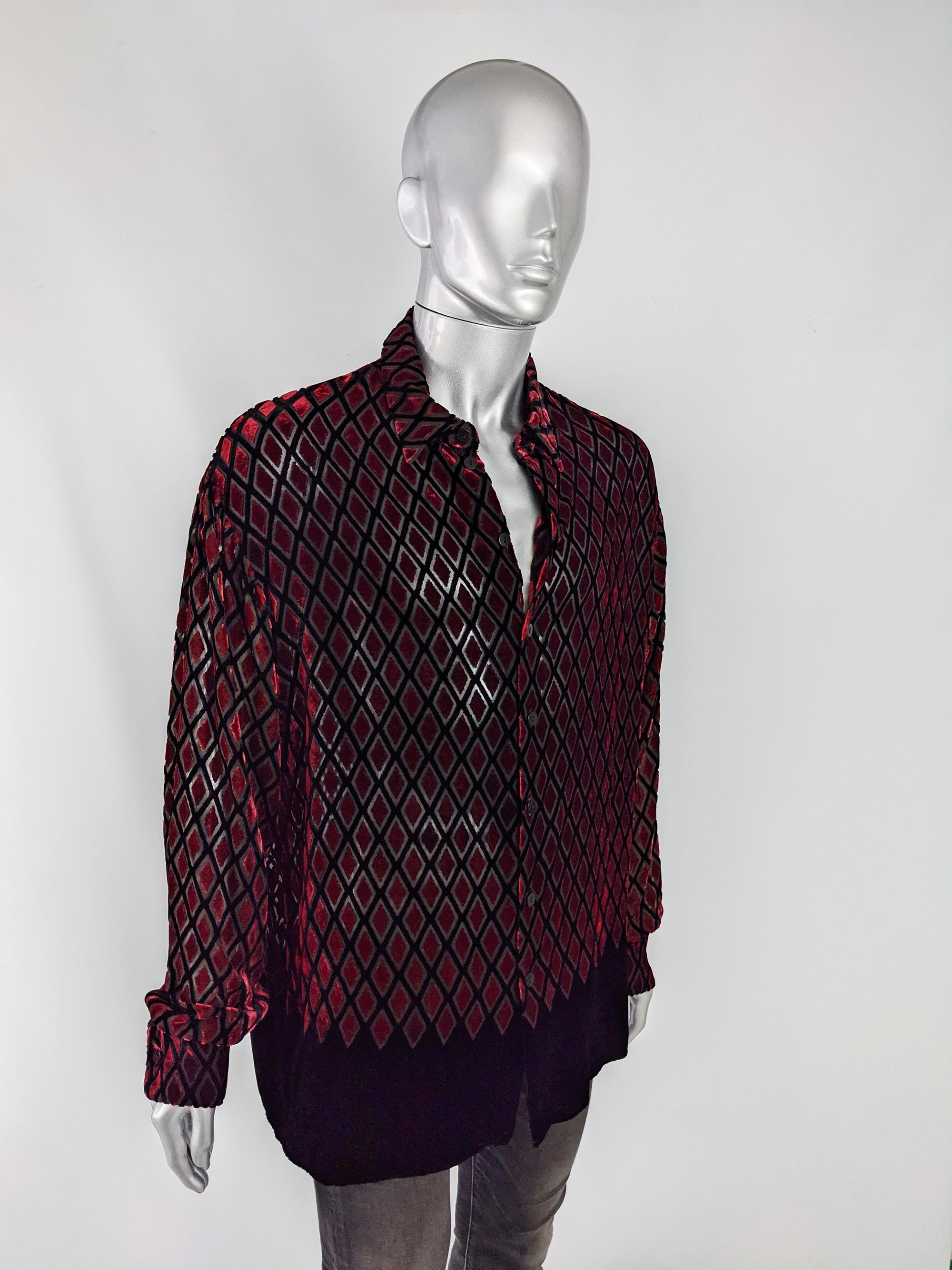 English Eccentrics Herren Vintage Rot Devoré Burnout Seide Samt Hemd, 1990er im Angebot 1