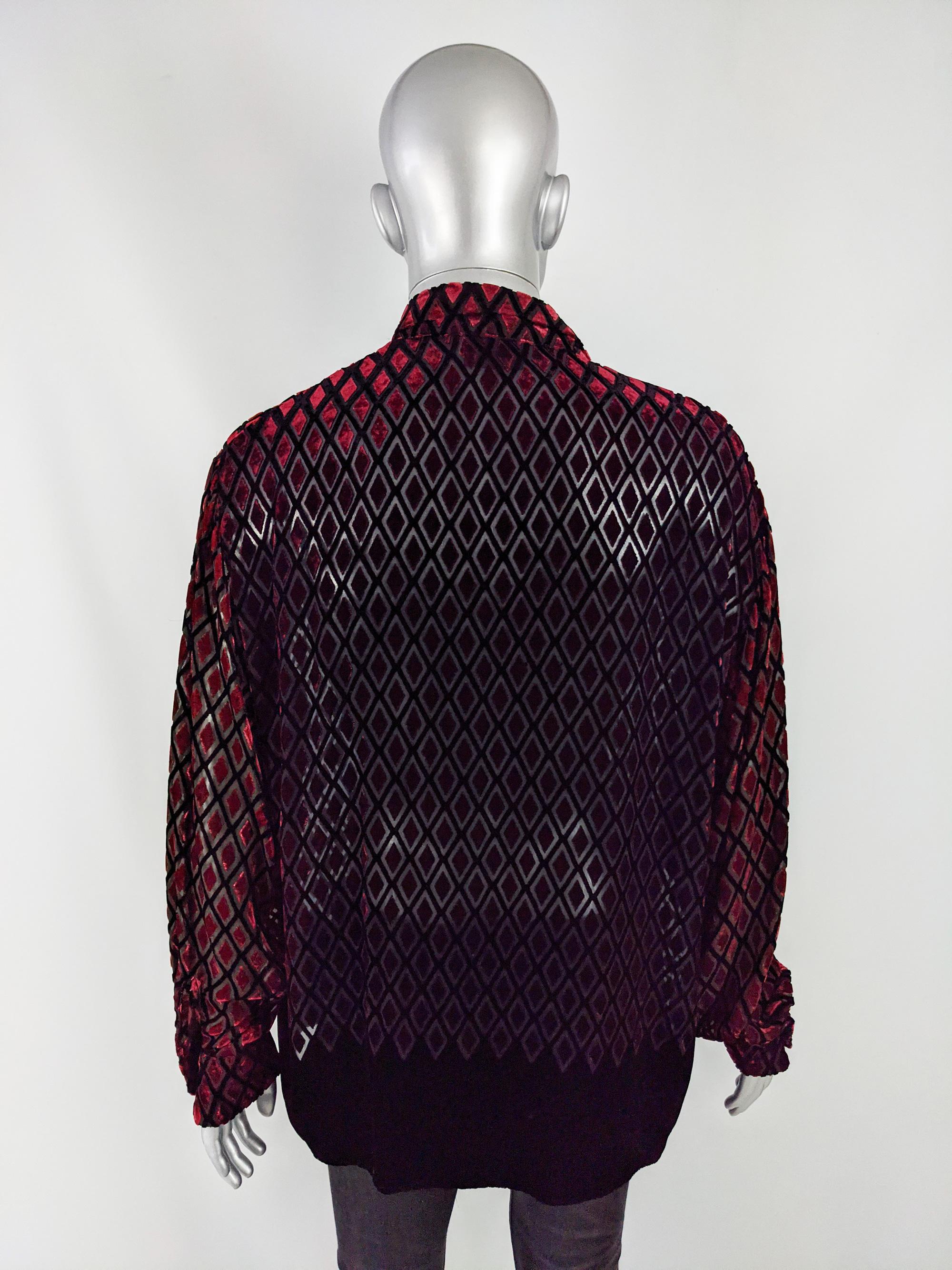 English Eccentrics Herren Vintage Rot Devoré Burnout Seide Samt Hemd, 1990er im Angebot 2