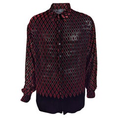 English Eccentrics Herren Vintage Rot Devoré Burnout Seide Samt Hemd, 1990er