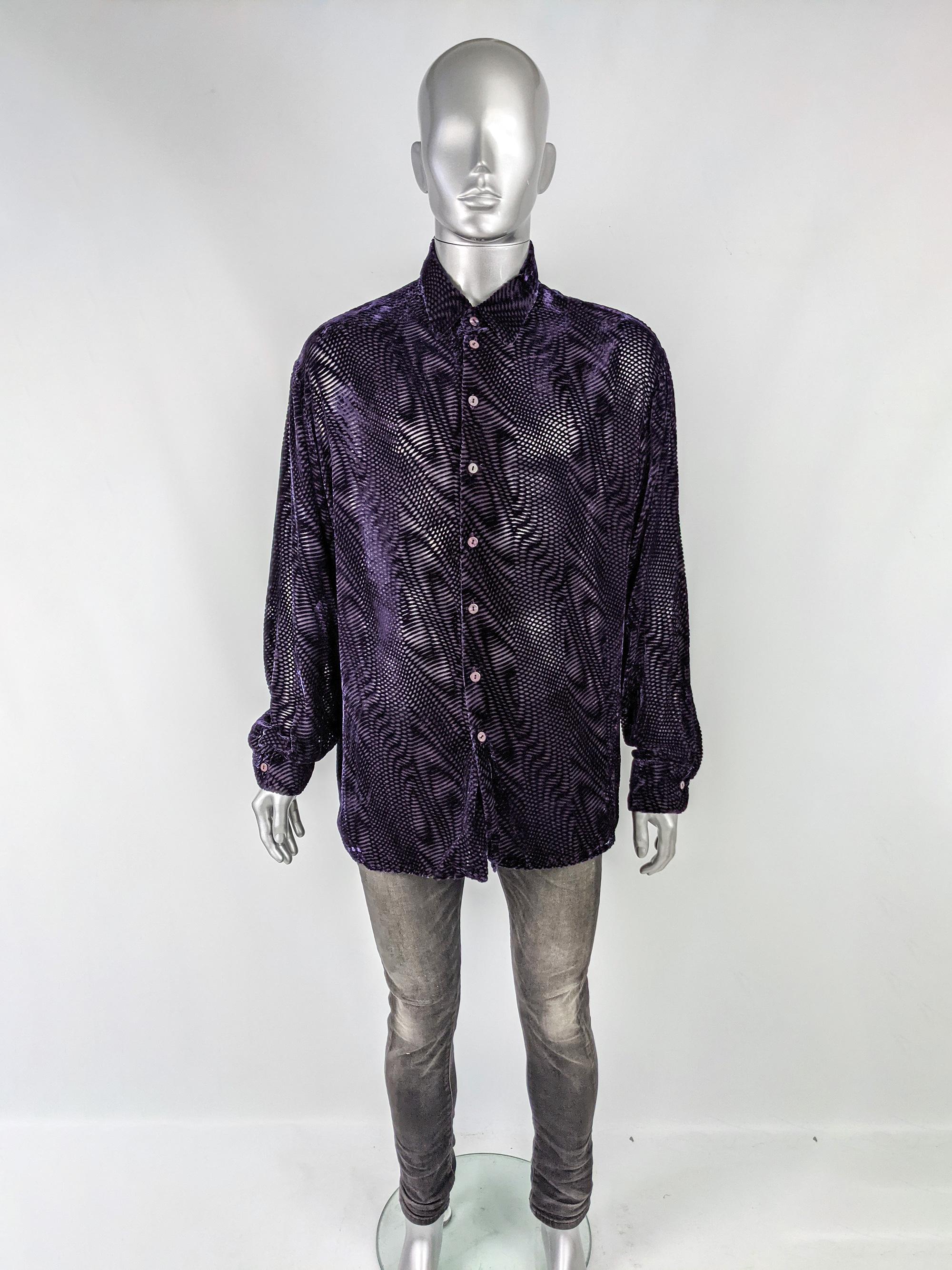 An incredible vintage mens shirt from the 90s by luxury British label, English Eccentrics, who were legendary for their luxe, experimental fabrics. In a dark purple silk and viscose blend, semi sheer devoré / burnout velvet fabric with an incredible