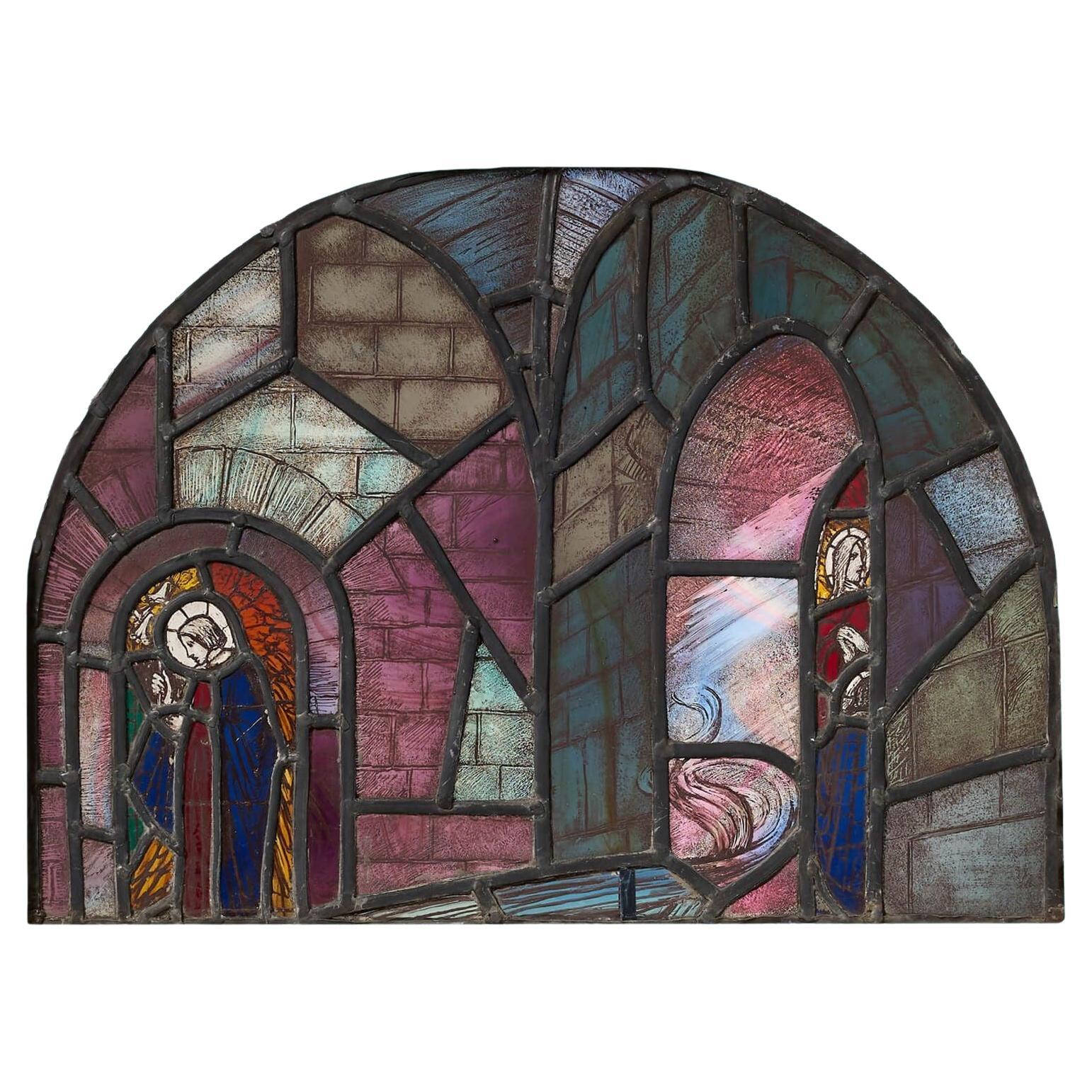 English Ecclesiastical Arched Stained Glass Window For Sale
