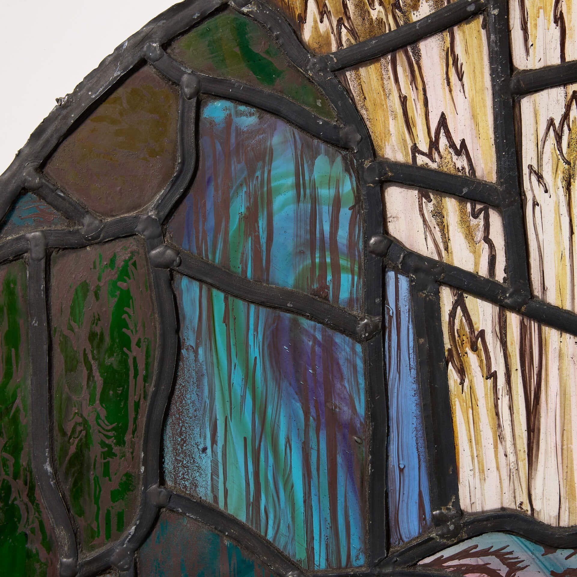 English Ecclesiastical Arched Stained Glass Window with Birds In Fair Condition For Sale In Wormelow, Herefordshire
