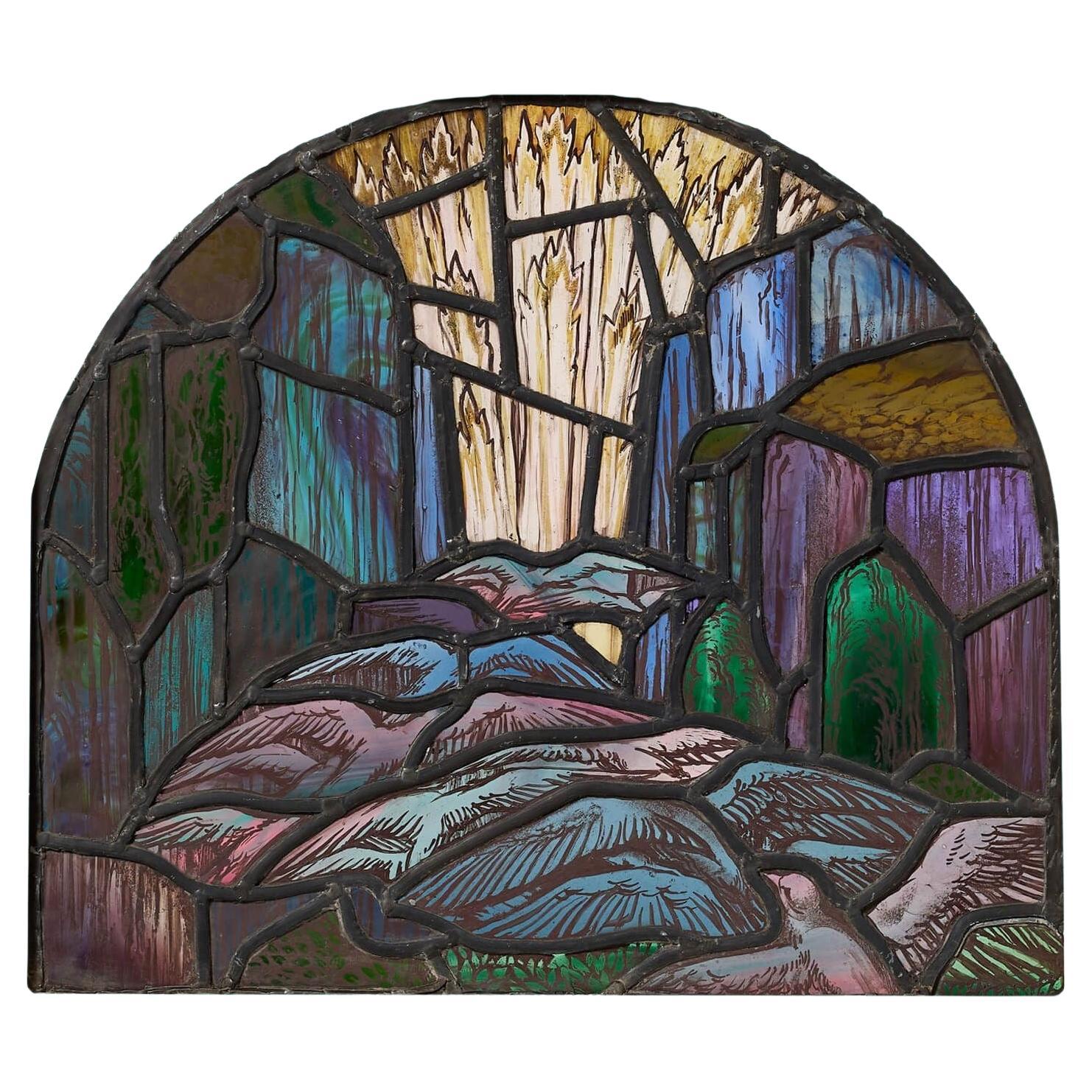 English Ecclesiastical Arched Stained Glass Window with Birds For Sale