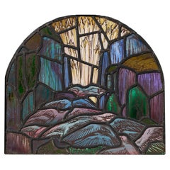 English Ecclesiastical Arched Stained Glass Window with Birds
