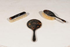 English Edwardian 1900s Silver Dressing Table Mirror, Hair and Clothes Brushes