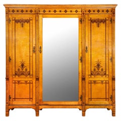 English Edwardian Used Satinwood Three-Door Armoire Wardrobe c. 1880s