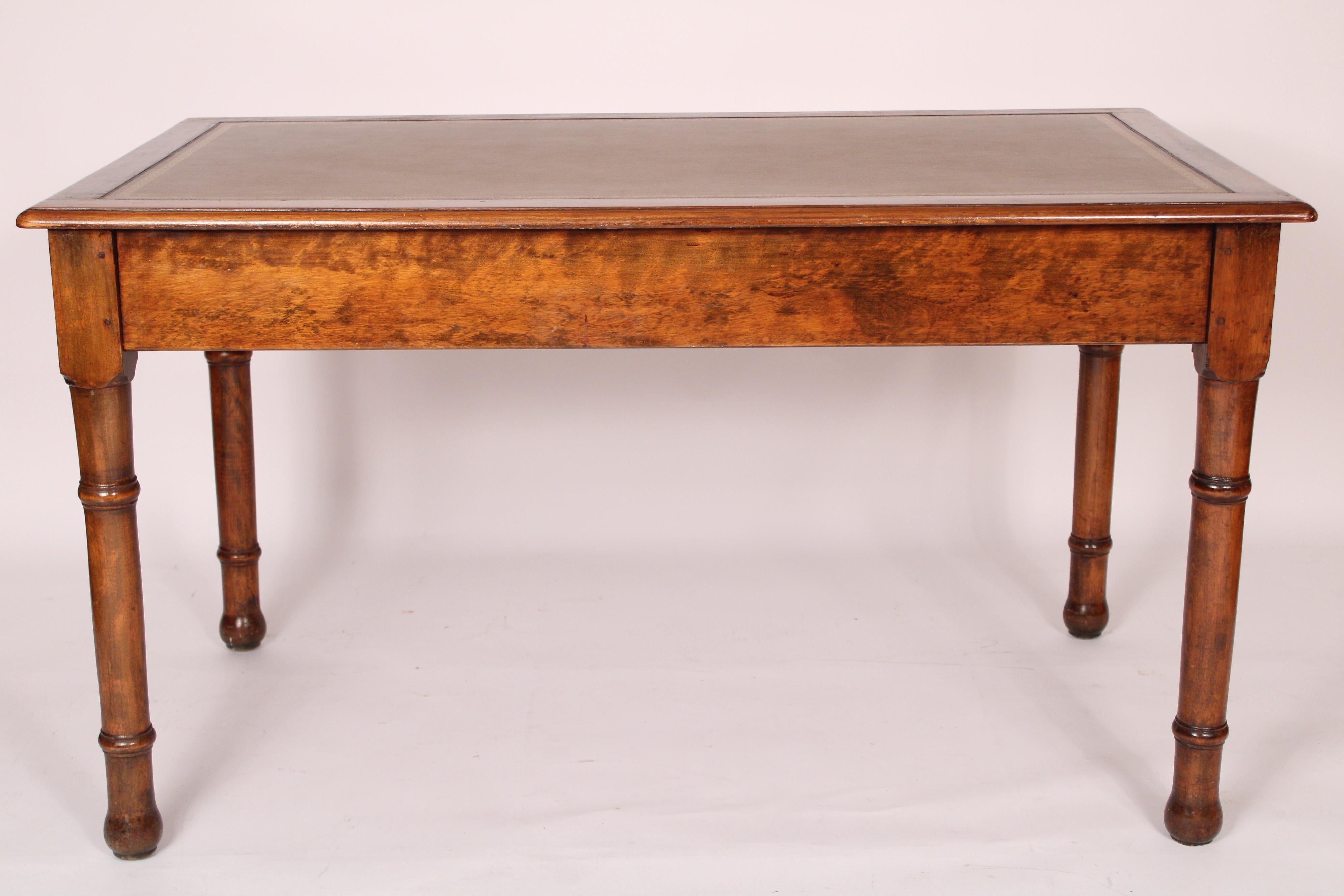 Brass English Edwardian Beechwood Writing Table with a Tooled Leather Top