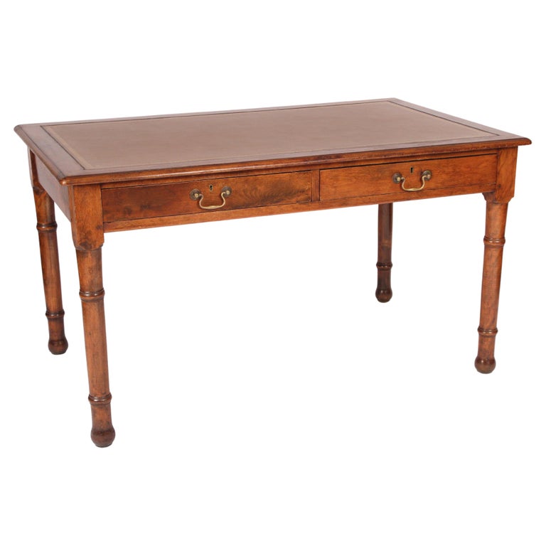 English Edwardian Beechwood Writing Table with a Tooled Leather Top at