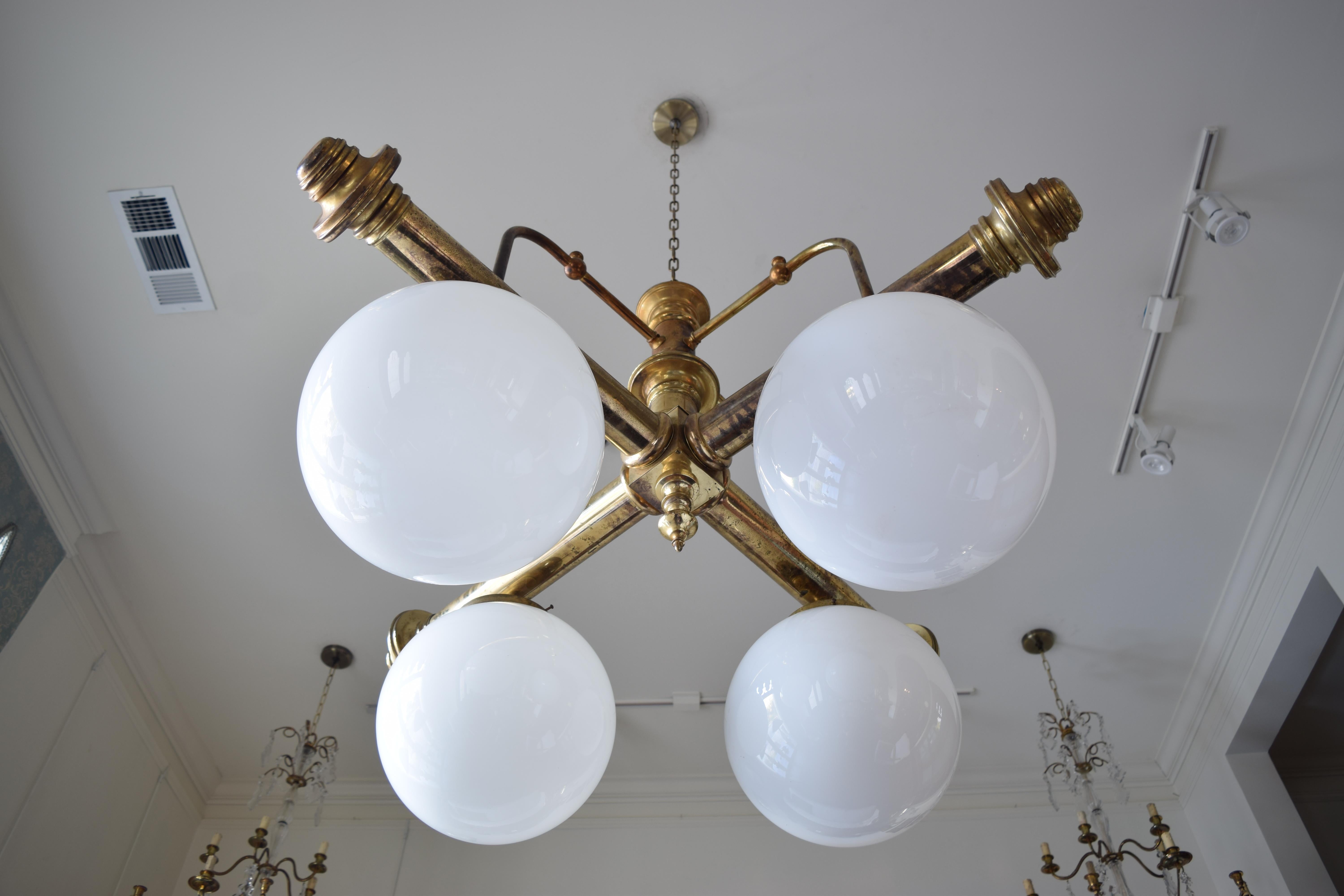 20th Century English, Edwardian, Brass 4-Light Parlor Chandelier, Original Globes, ca. 1900 For Sale