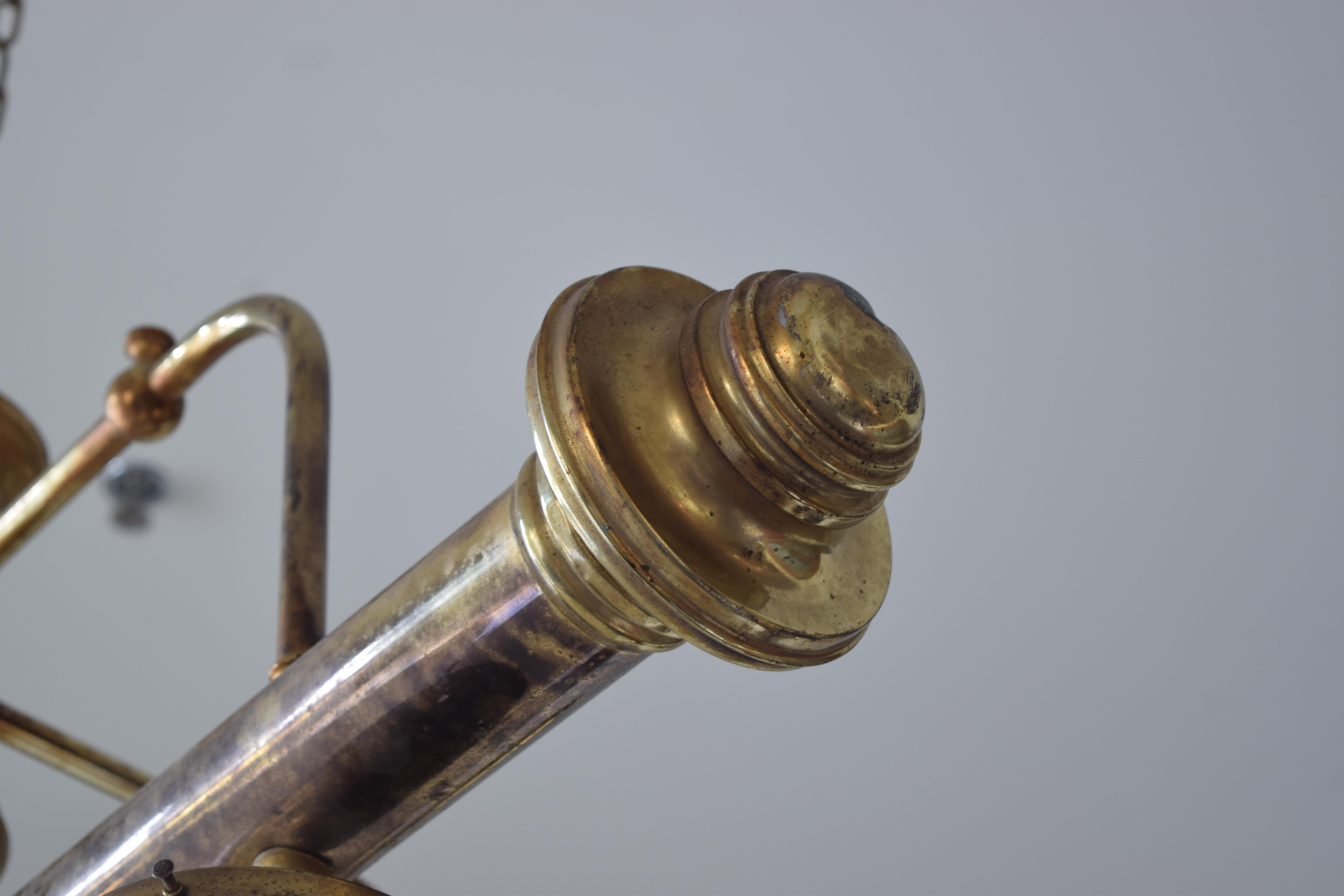 English, Edwardian, Brass 4-Light Parlor Chandelier, Original Globes, ca. 1900 For Sale 5