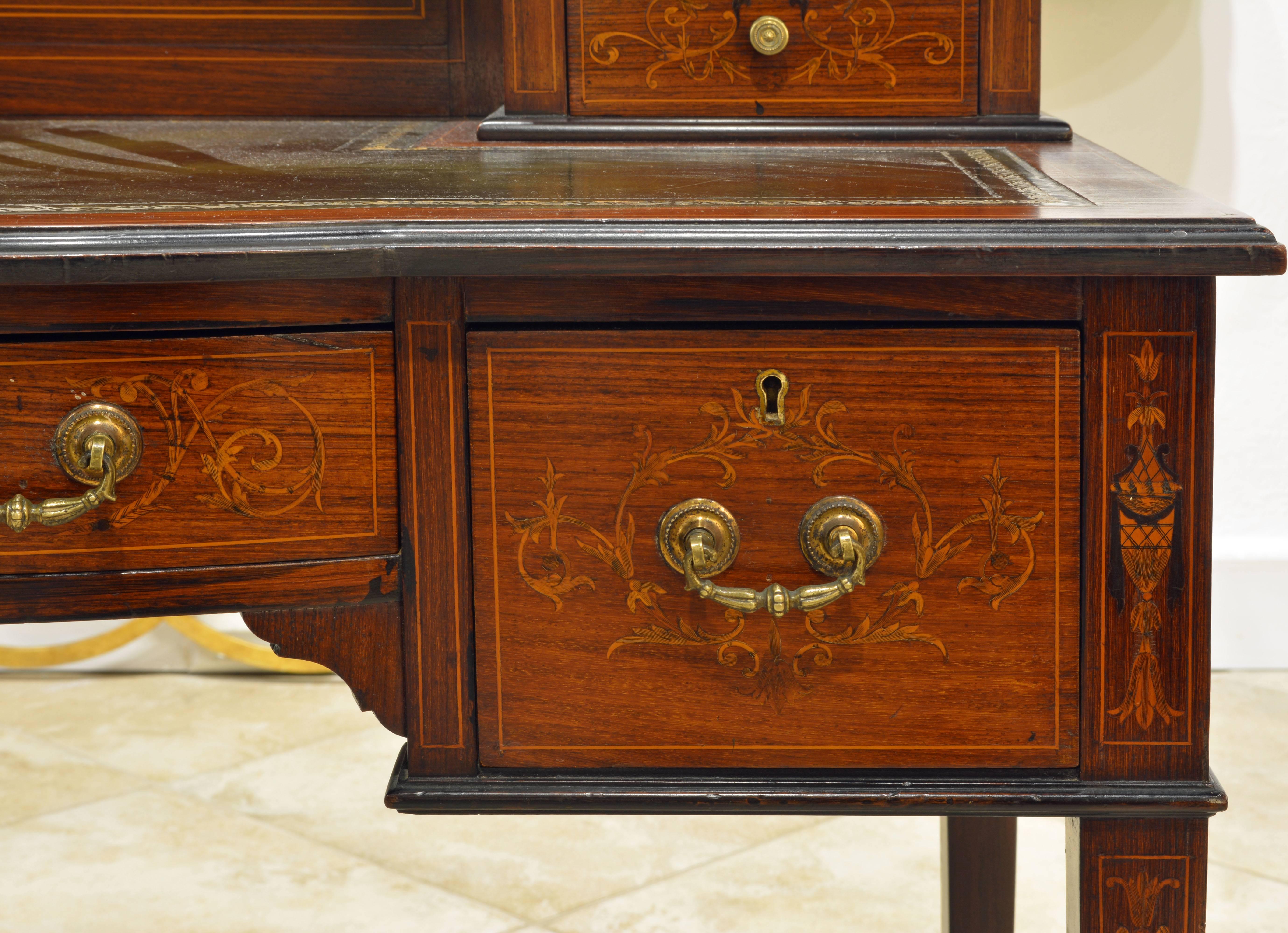 English Edwardian Carlton House Style Inlaid Writing Desk, Good Detail and Size In Good Condition In Ft. Lauderdale, FL