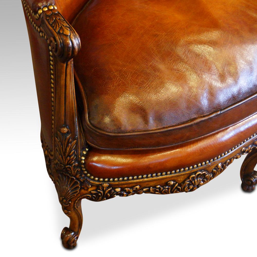 English Edwardian Country Home Walnut and Leather Love Conversation Seat 3