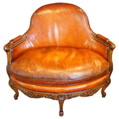 English Edwardian Country Home Walnut and Leather Love Conversation Seat