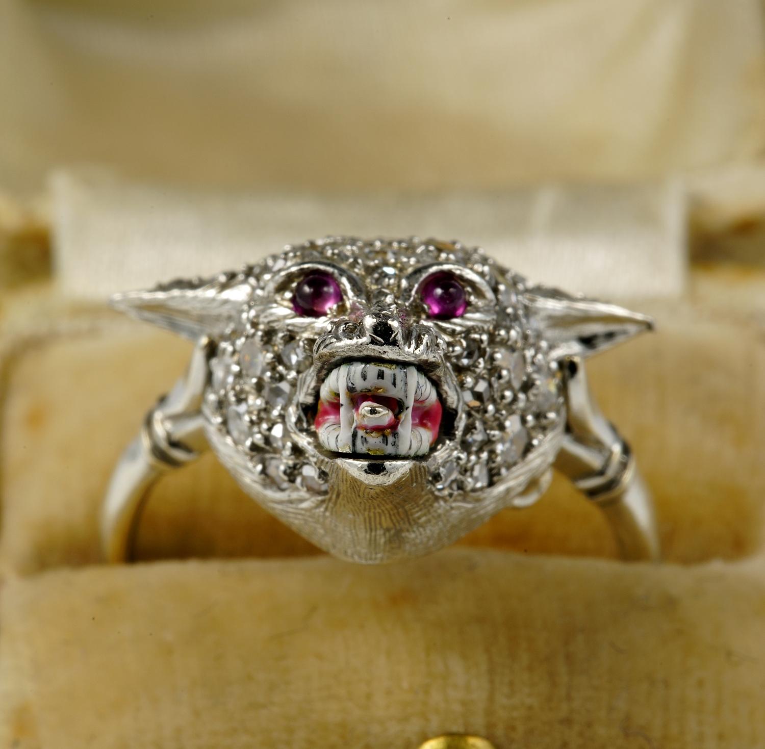 The Unique!

Wolf power or spirit animals point to an appetite for freedom and living life powerfully, guided by instincts

English origin, very rare example, Edwardian ring

Greatly modelled from solid Platinum as the entire ring is, wolf head,