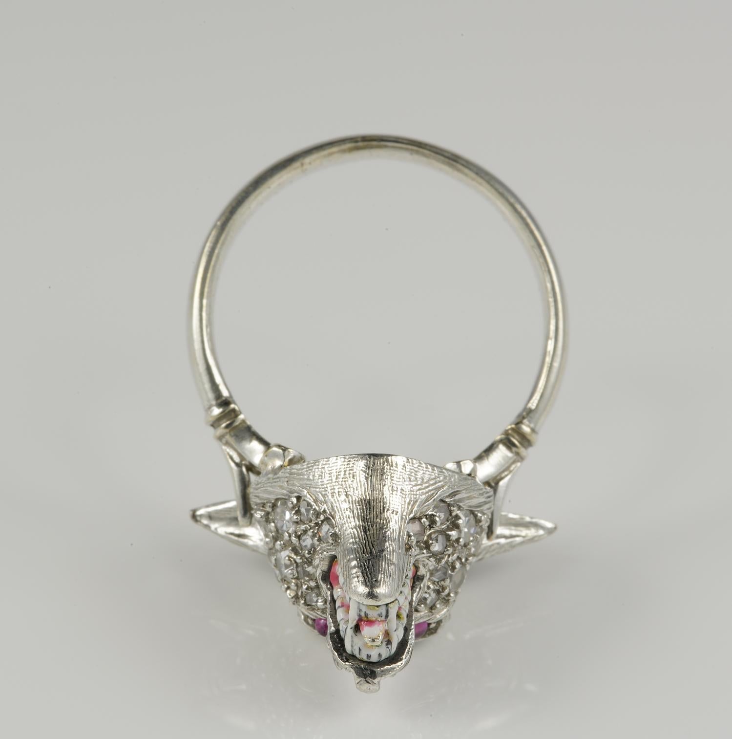 Women's English Edwardian Diamond Ruby Wild Wolf Rare Platinum Ring
