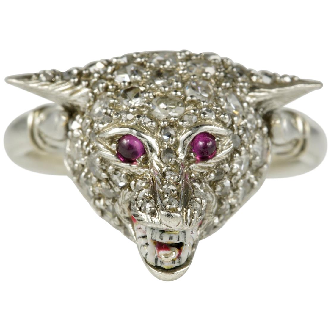 English Edwardian Diamond Ruby Wild Wolf Rare Platinum Ring