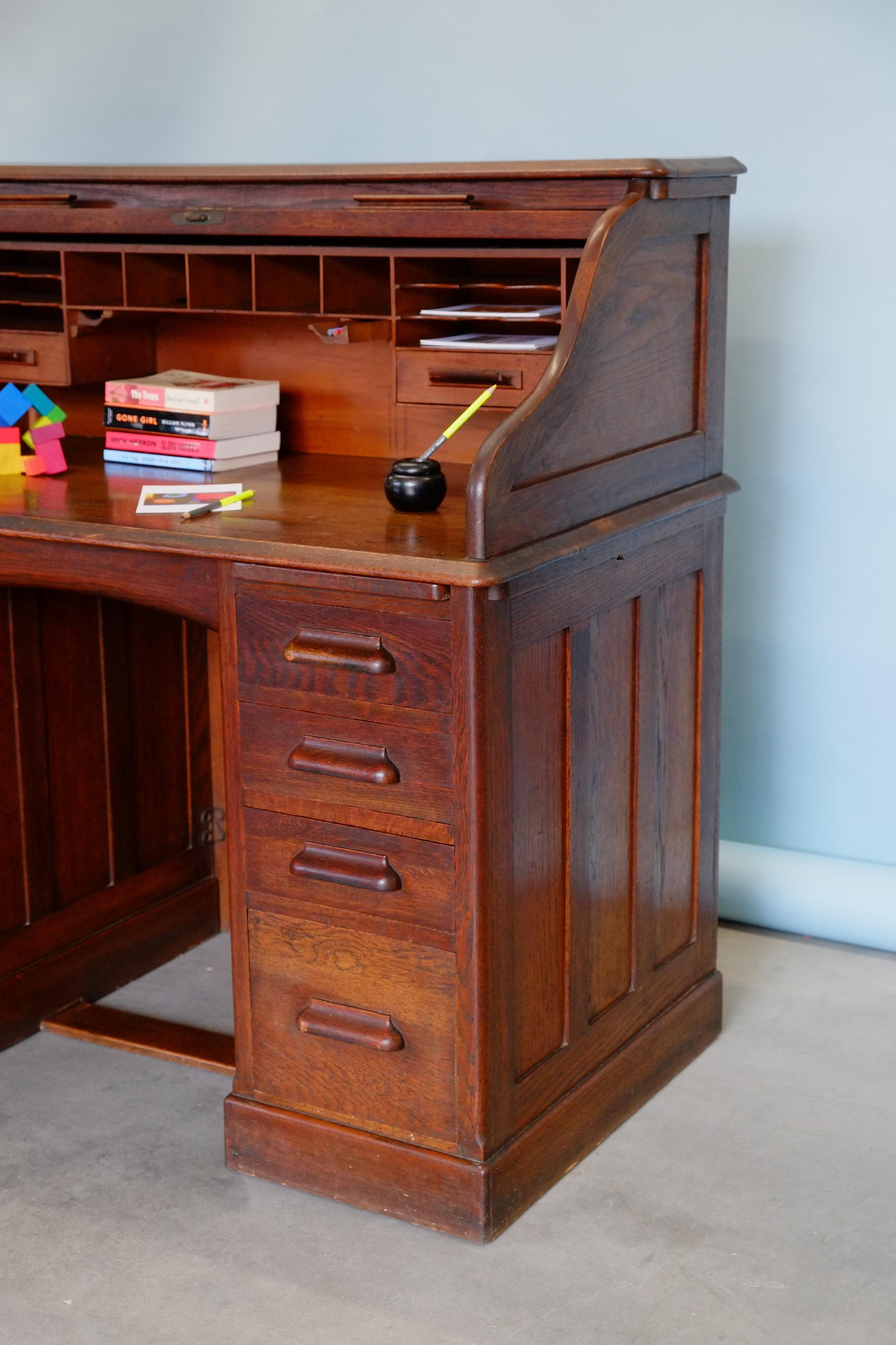 English Edwardian Fully Fitted Solid Oak Roll Top Twin Pedestal Desk  For Sale 9
