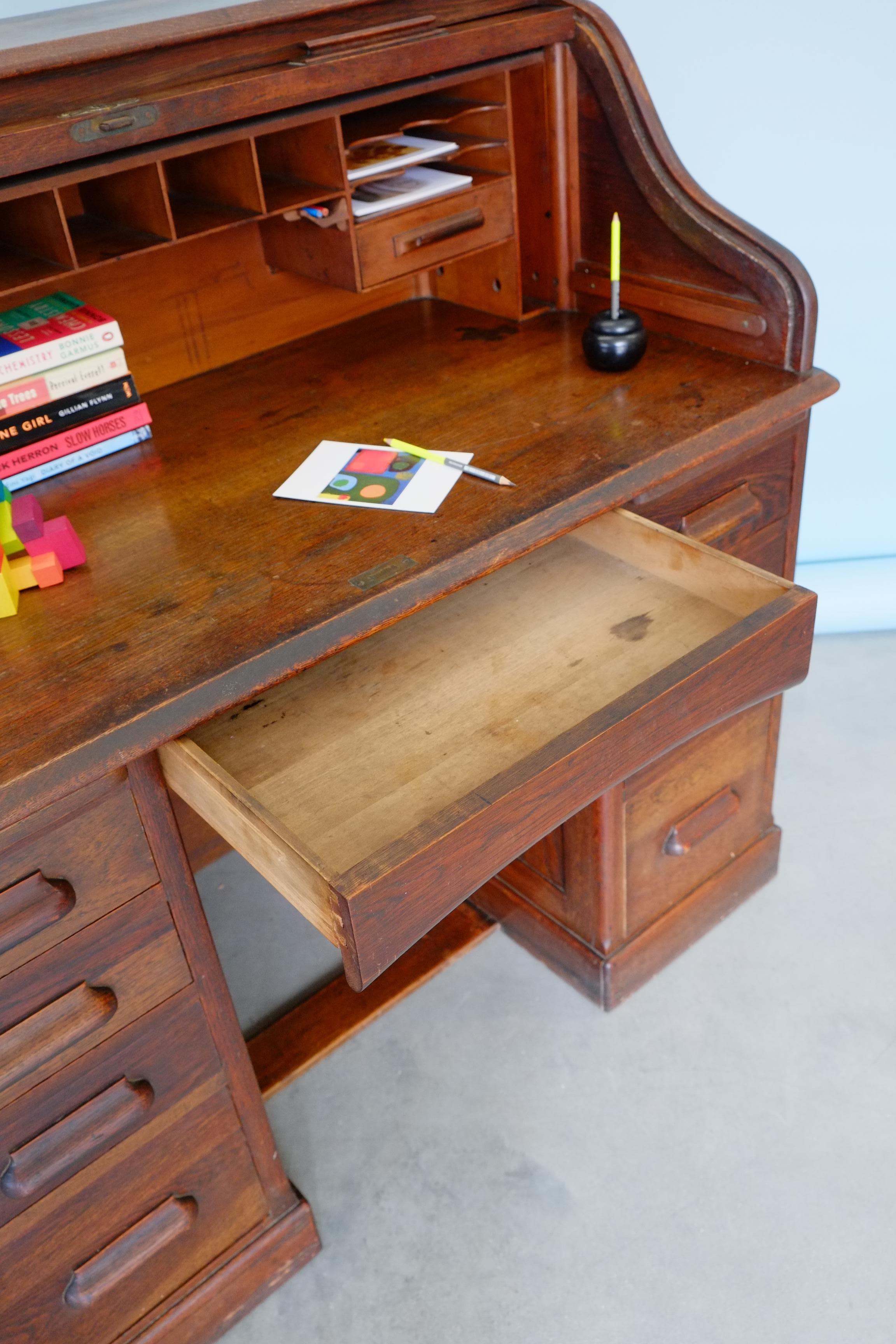 English Edwardian Fully Fitted Oak Serpentine Roll Top Desk - Twin Pedestal For Sale 14