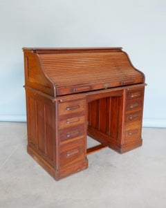 Vintage English Edwardian Fully Fitted Solid Oak Roll Top Twin Pedestal Desk 