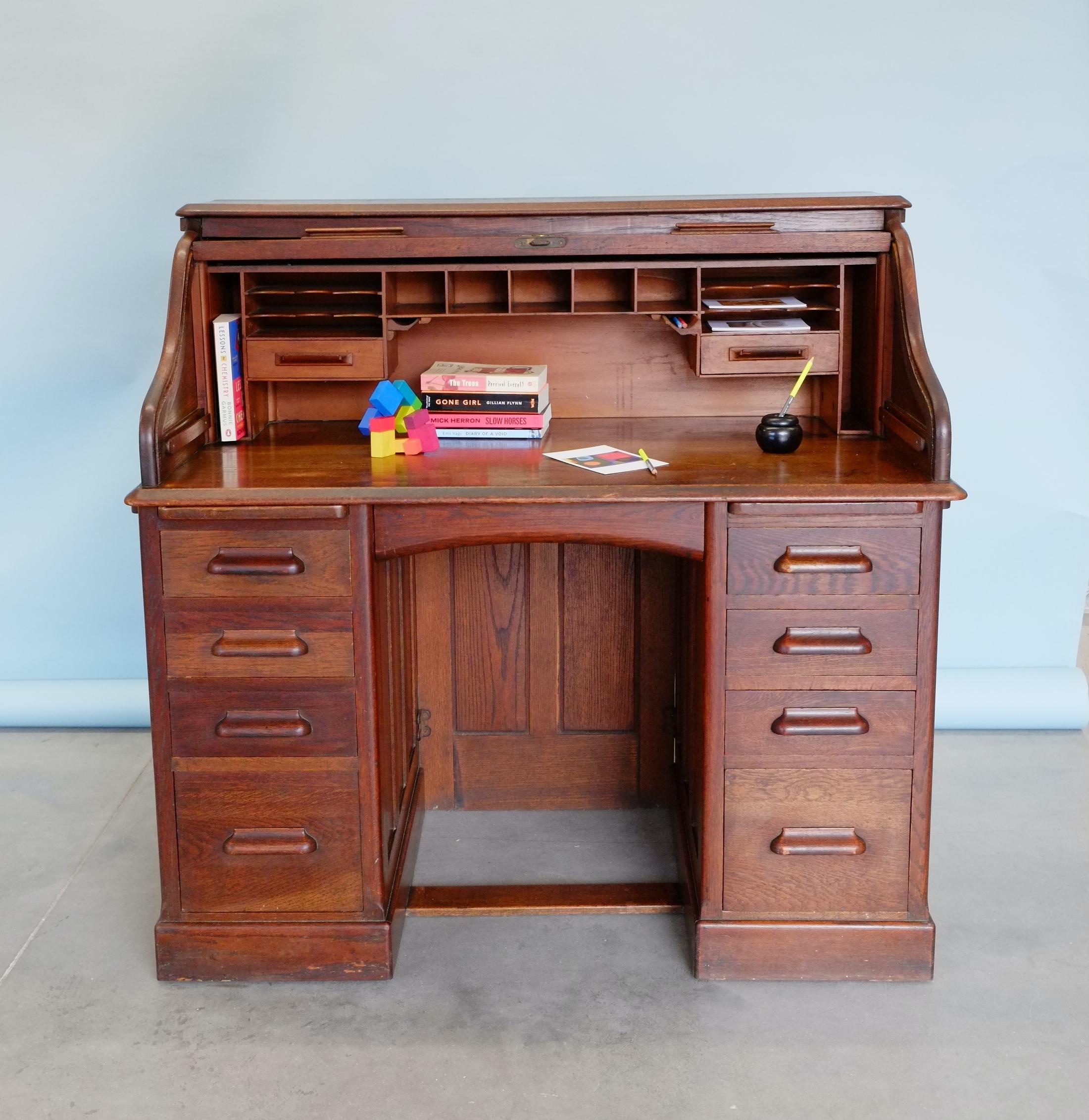 Hand-Crafted English Edwardian Fully Fitted Oak Serpentine Roll Top Desk - Twin Pedestal For Sale
