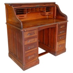 Antique English Edwardian Fully Fitted Oak Serpentine Roll Top Desk - Twin Pedestal