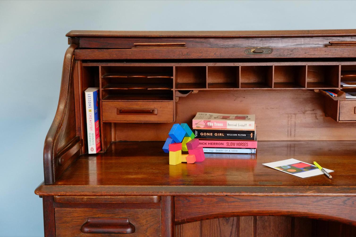 English Edwardian Fully Fitted Solid Oak Roll Top Twin Pedestal Desk 4