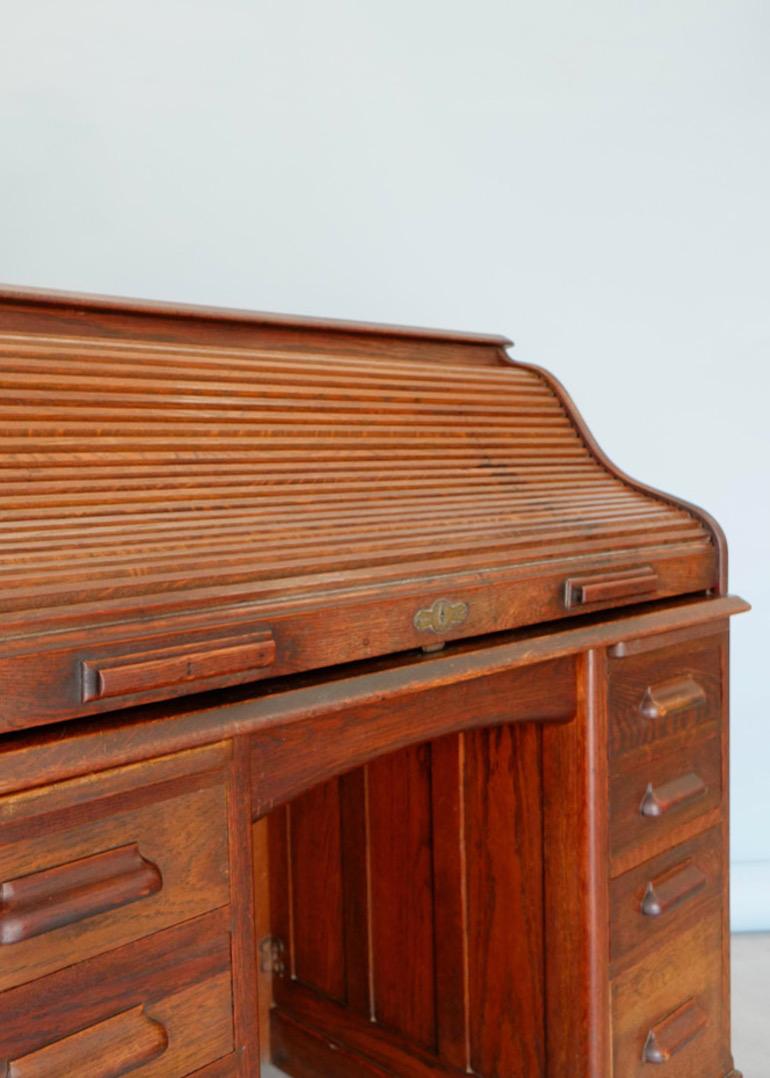 English Edwardian Fully Fitted Solid Oak Roll Top Twin Pedestal Desk 5