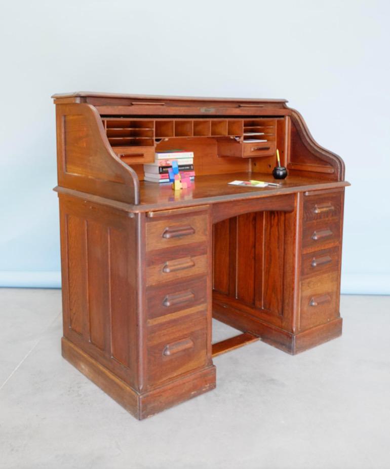 English Edwardian Fully Fitted Solid Oak Roll Top Twin Pedestal Desk 14