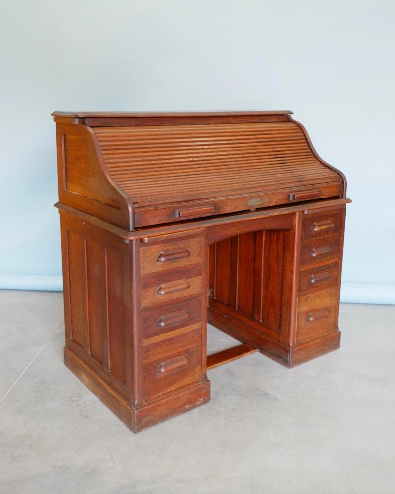 British English Edwardian Fully Fitted Solid Oak Roll Top Twin Pedestal Desk