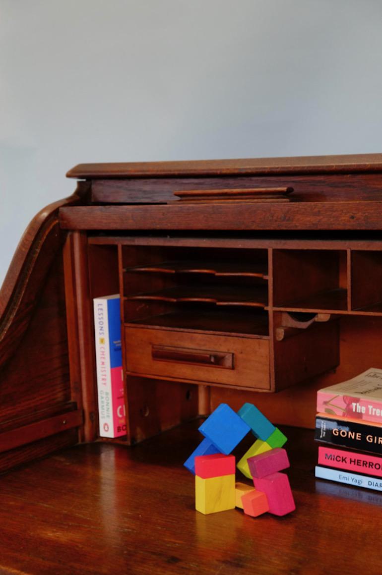 Early 20th Century English Edwardian Fully Fitted Solid Oak Roll Top Twin Pedestal Desk