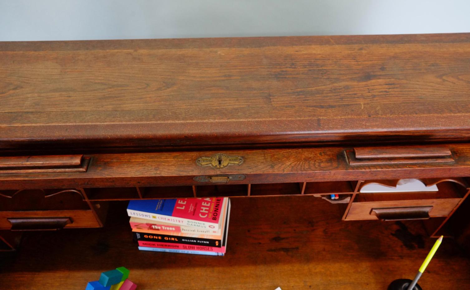 English Edwardian Fully Fitted Solid Oak Roll Top Twin Pedestal Desk 2