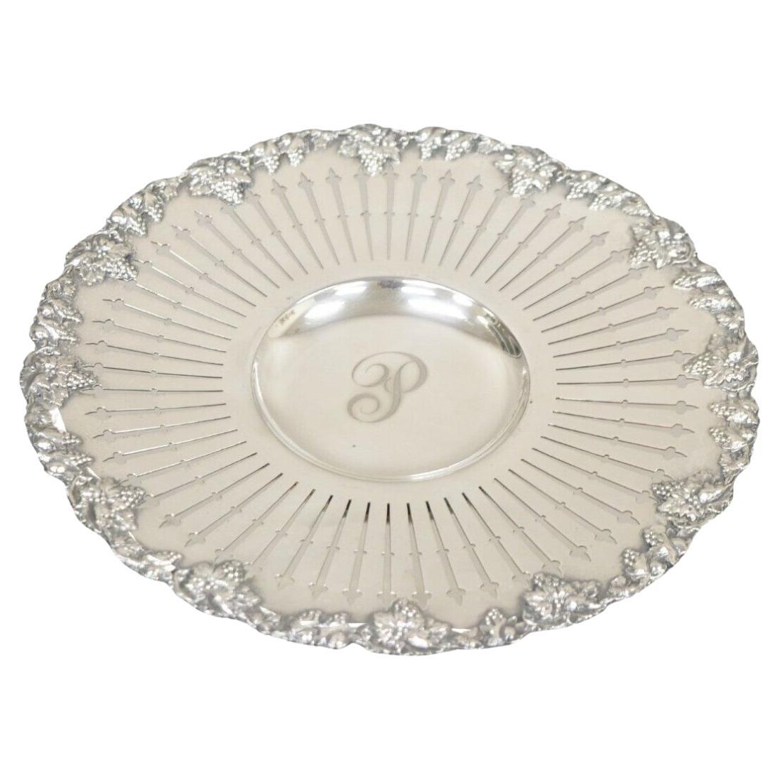 English Edwardian Grapevine Repousse Silver Plated Pierced Serving Platter "P" For Sale