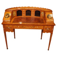 Antique English Edwardian Hand Decorated Satinwood Carlton House Desk