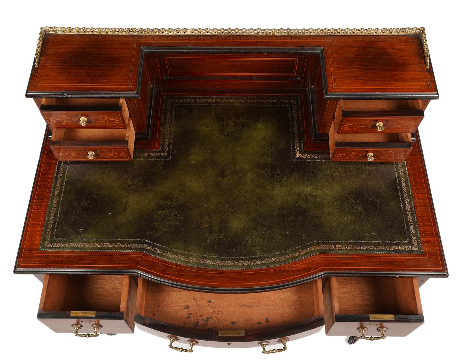 19th Century English Edwardian Inlaid Mahogany Bow Front Ladies Writing Desk with Gallery