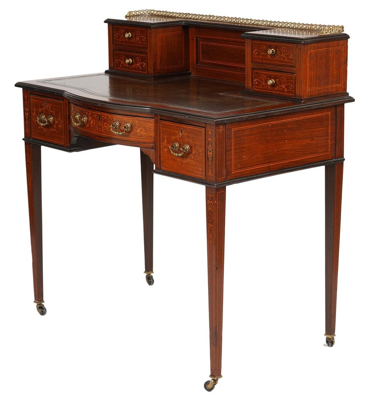 English Edwardian Inlaid Mahogany Bow Front Ladies Writing Desk with