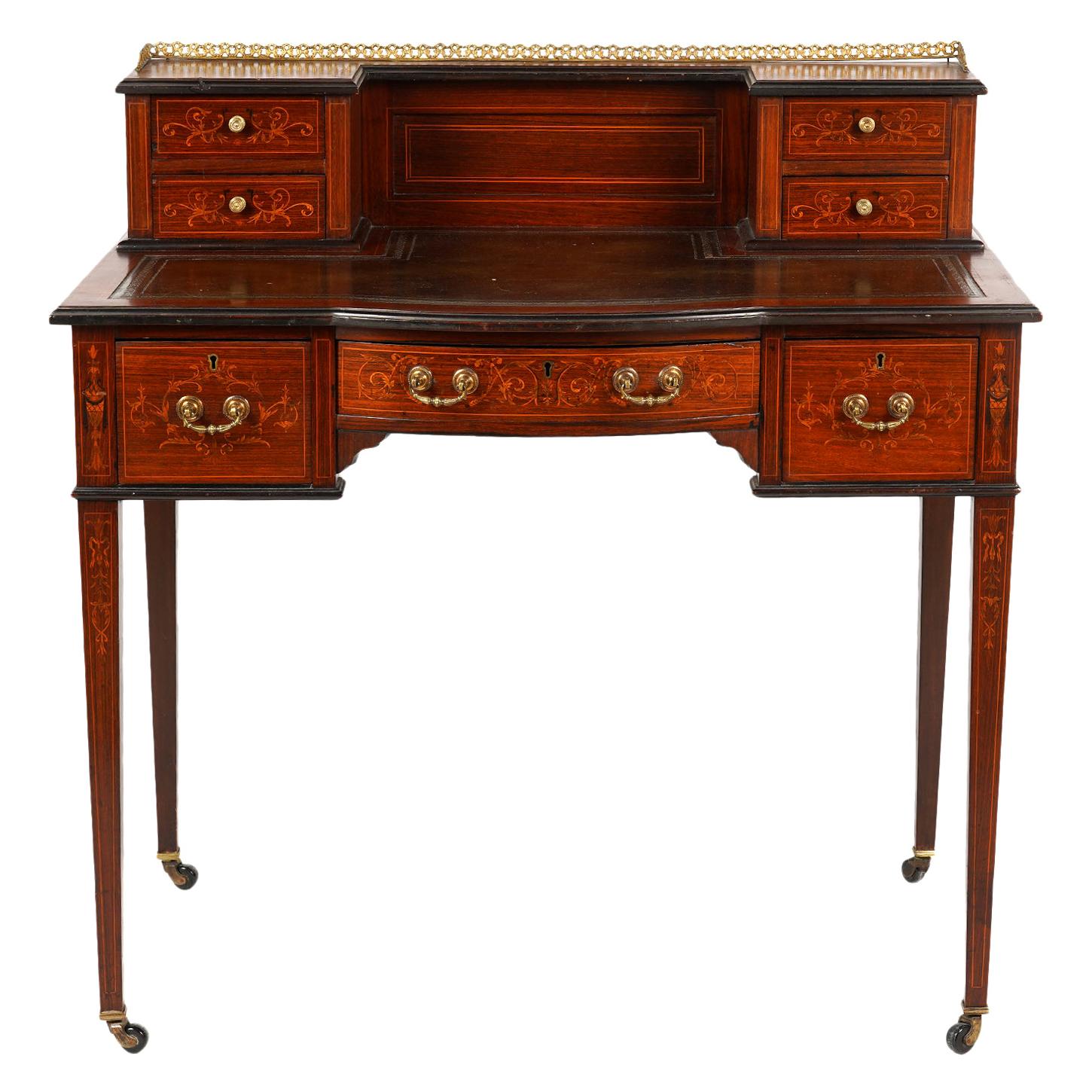 English Edwardian Inlaid Mahogany Bow Front Ladies Writing Desk with Gallery
