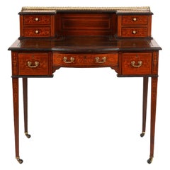 Antique English Edwardian Inlaid Mahogany Bow Front Ladies Writing Desk with Gallery