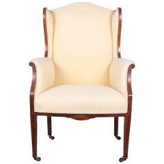 Fauteuil Wingback en acajou marqueté de style Sheraton de style anglais édouardien