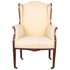 Fauteuil Wingback en acajou marqueté de style Sheraton de style anglais édouardien