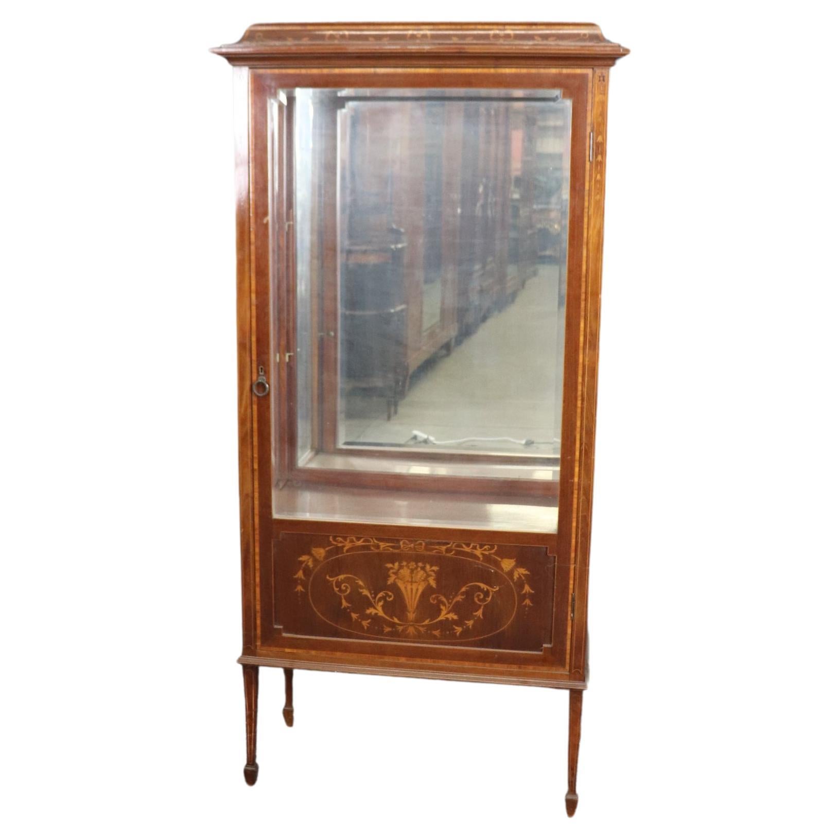 English Edwardian Inlaid Walnut and Satinwood Mirrored Vitrine Curio Cabinet  For Sale