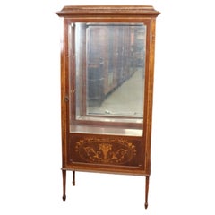 Antique English Edwardian Inlaid Walnut and Satinwood Mirrored Vitrine Curio Cabinet 