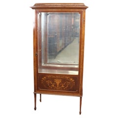 English Edwardian Inlaid Walnut and Satinwood Mirrored Vitrine Curio Cabinet 