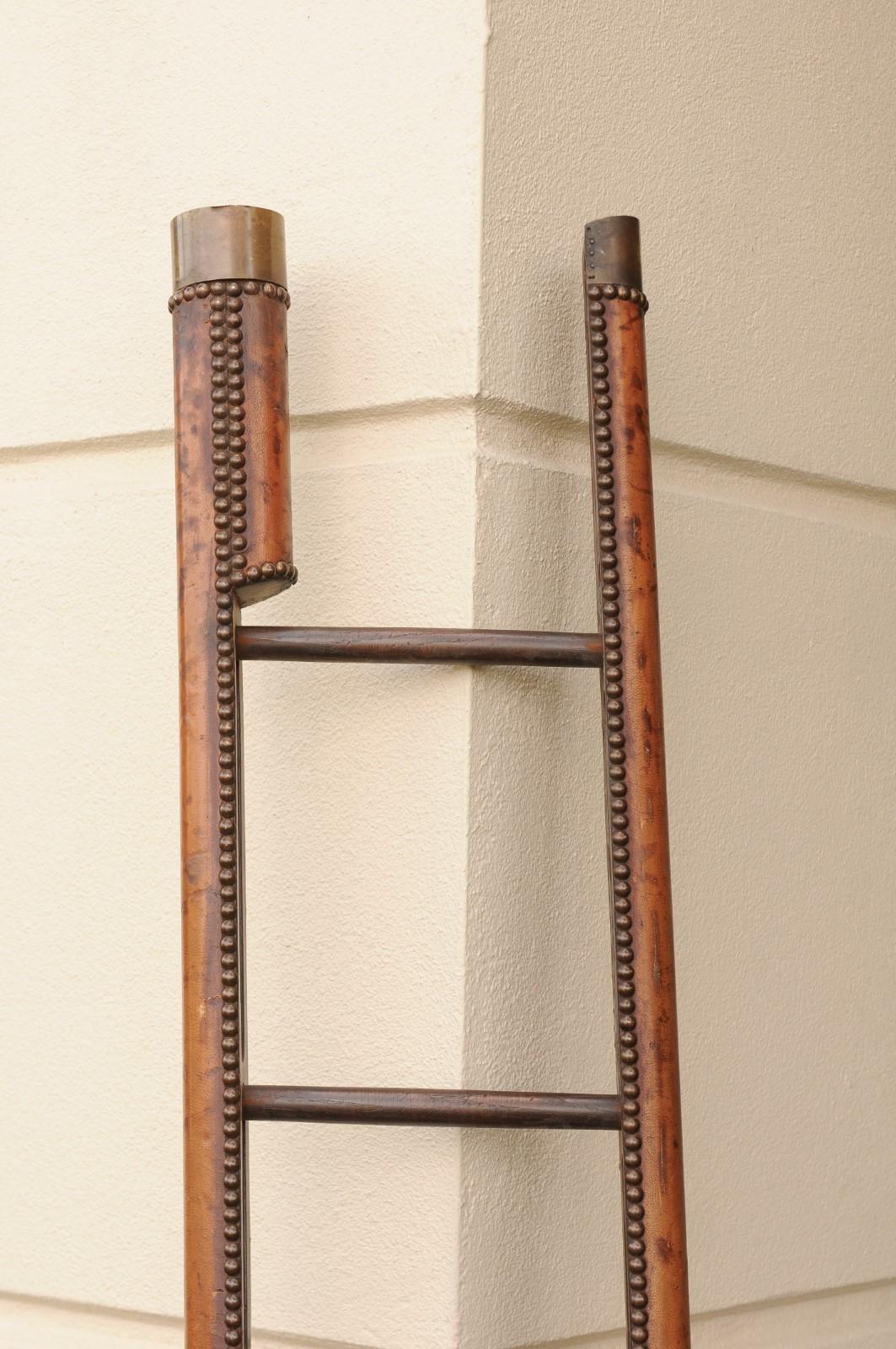 20th Century English Edwardian Leather Folding Ladder with Nailhead Trim, circa 1920