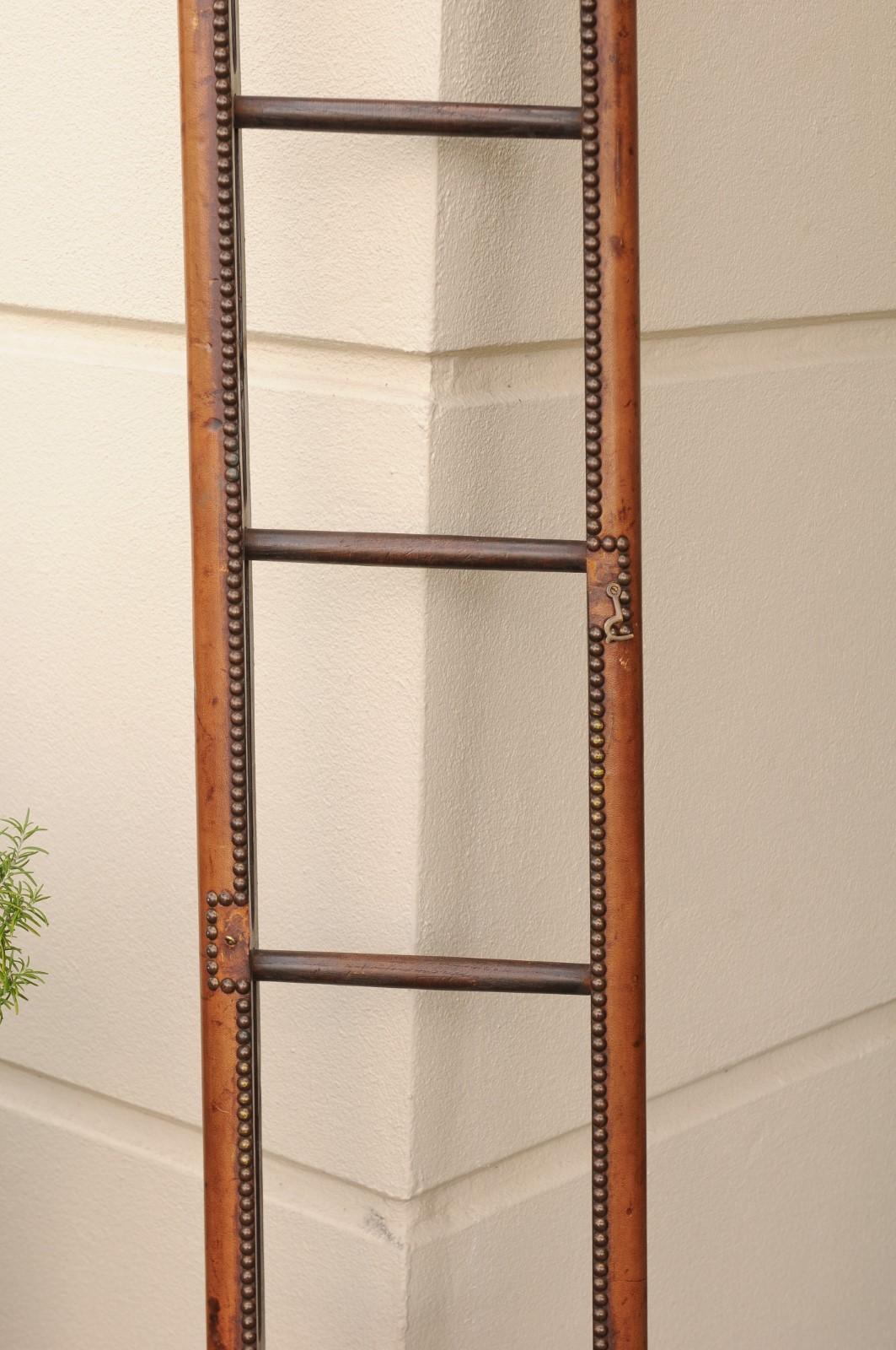 English Edwardian Leather Folding Ladder with Nailhead Trim, circa 1920 1