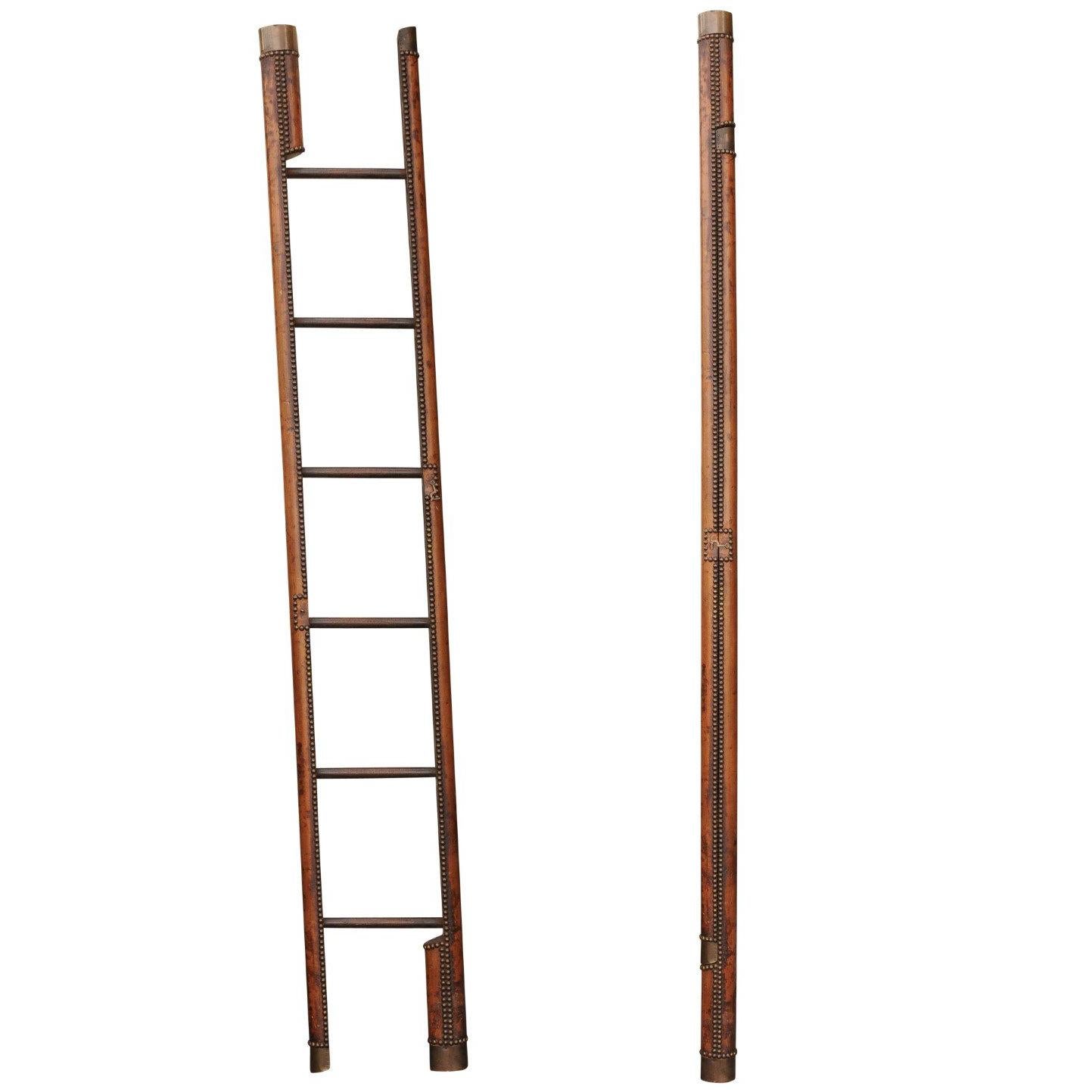 English Edwardian Leather Folding Ladder with Nailhead Trim, circa 1920