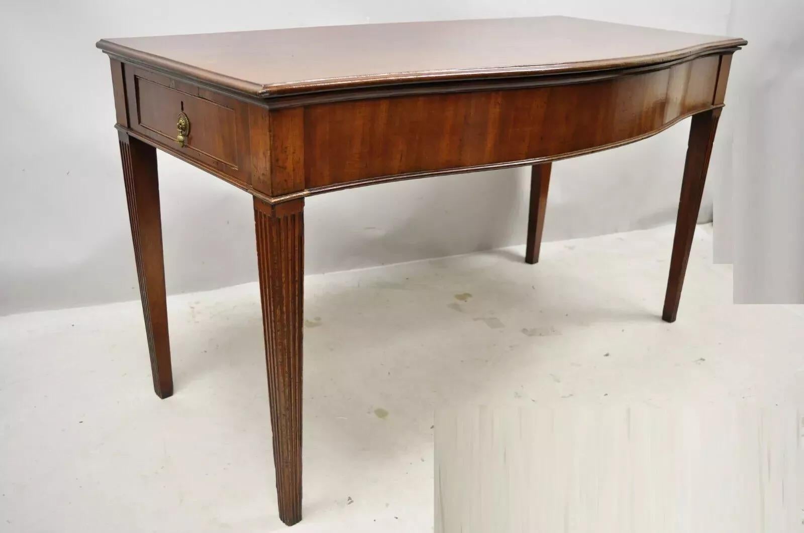 English Edwardian Mahogany 2 Drawer Demilune Sideboard Console Table Server. Item features solid wood construction, beautiful wood grain, distressed finish, 2 drawers, tapered legs, very nice antique item, quality English craftsmanship. Circa Early